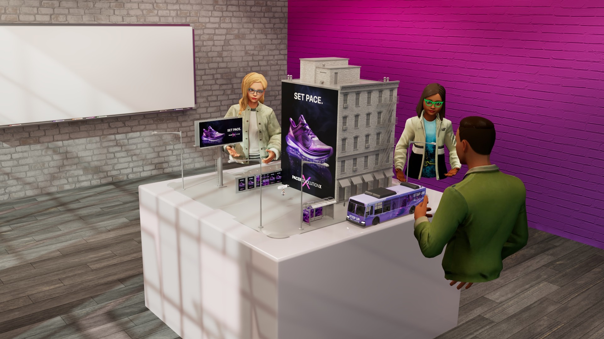 A team reviewing a scale model of an outdoor advertising campaign around a table in reTHINK