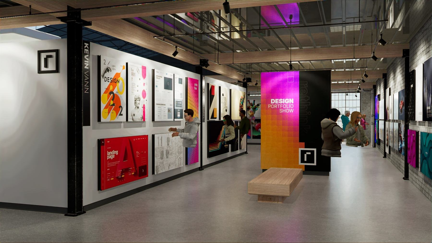 A reTHINK gallery space built out with campaign content along a long wall