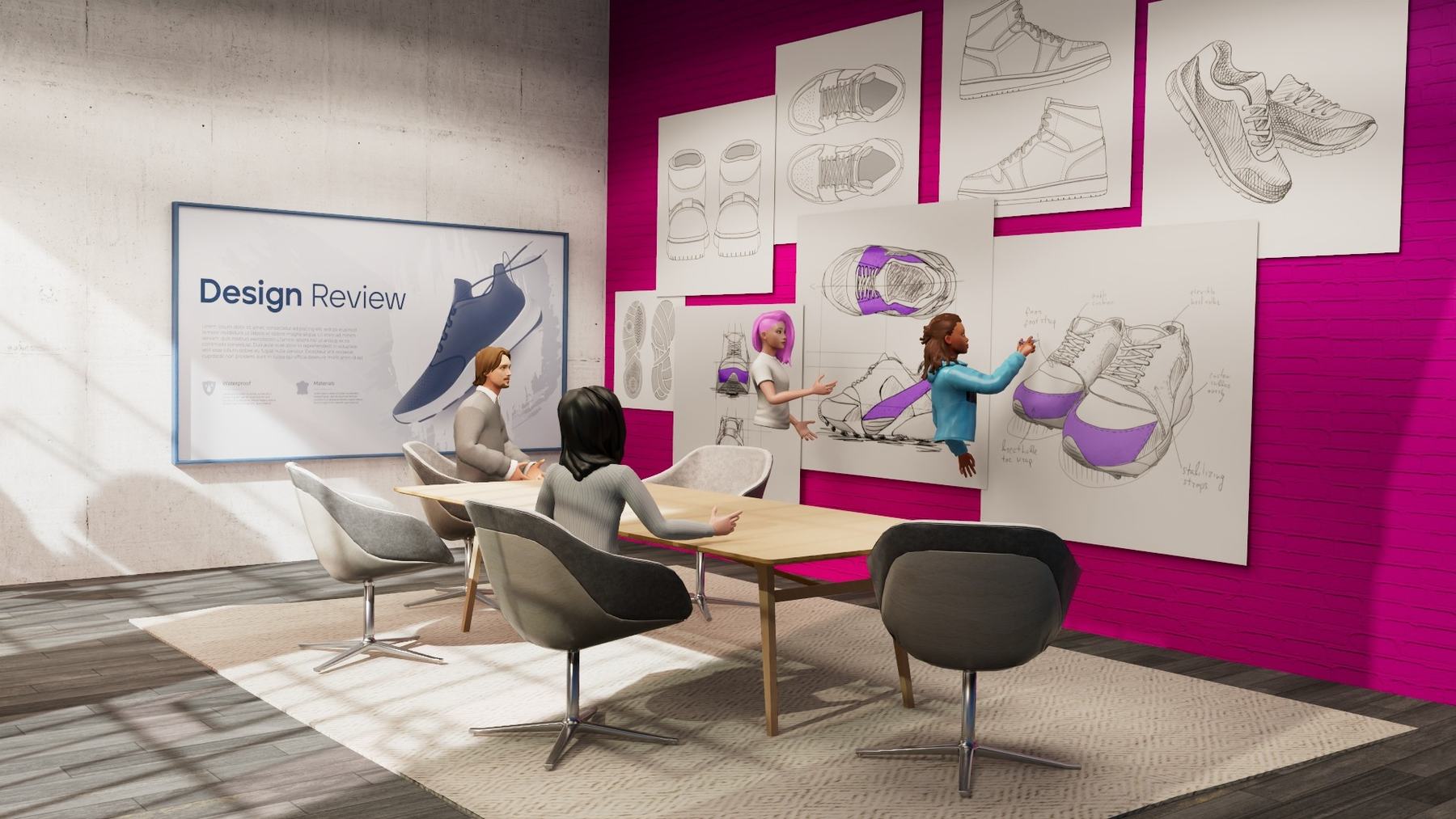 A design review in reTHINK with concept boards surrounding the team